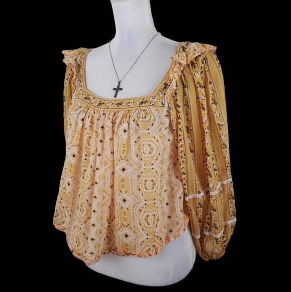 Free People~Woman S~Ochre Yellow Boho Tunic Smocked Henley CropTop Cotton. - Picture 2 of 13